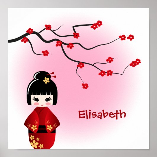 Japanse kokeshi-pop bij sakura blossom poster (Voorkant)