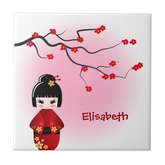 Japanse kokeshi-pop bij sakura blossom tegeltje (Voorkant)