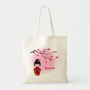 Japanse kokeshi-pop bij sakura blossom tote bag