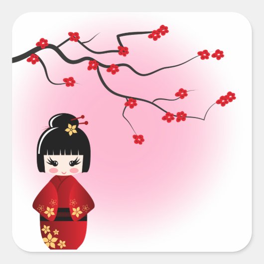 Japanse kokeshi-pop bij sakura blossom vierkante sticker (Voorkant)