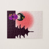 Japanse kokeshi-pop bij tempel tijdens zonsonderga legpuzzel (Horizontaal)