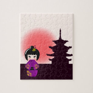 Japanse kokeshi-pop bij tempel tijdens zonsonderga legpuzzel