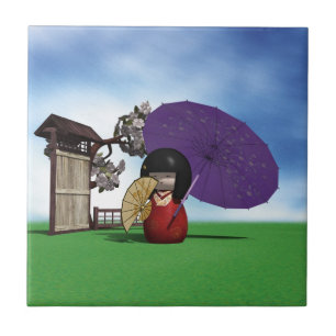 Japanse Kokeshi-pop Cherrykbloesem-kunst Tegeltje