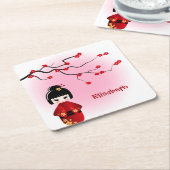 Japanse kokeshi-pop op naam van sakura-meisje kartonnen onderzetters (Schuin)