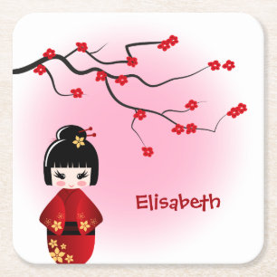 Japanse kokeshi-pop op naam van sakura-meisje kartonnen onderzetters
