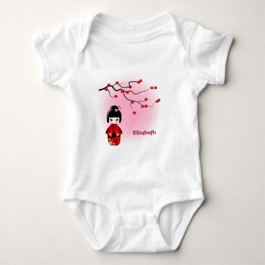 Japanse kokeshi pop sakura naam baby meisje shirt (Voorkant)