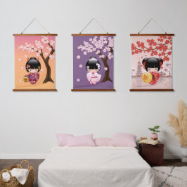 Japanse Kokeshi-poppen - Geisha-meisjes set van 3 Hangend Wandkleed