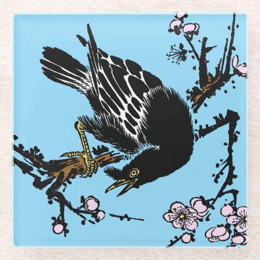  Japanse kraai en kersenbloesems Glazen Onderzetter (Voorkant)