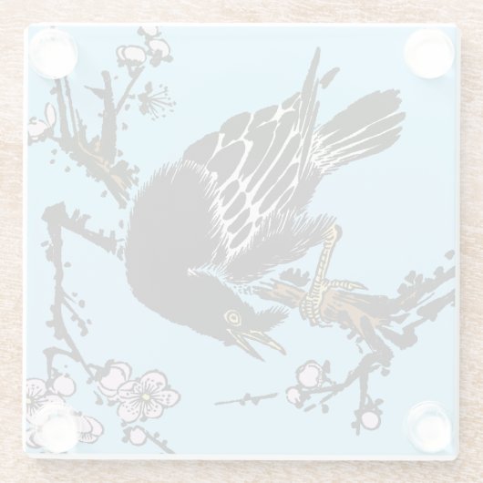  Japanse kraai en kersenbloesems Glazen Onderzetter (Achterkant)