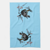  Japanse kraai en kersenbloesems Theedoek (Verticaal)
