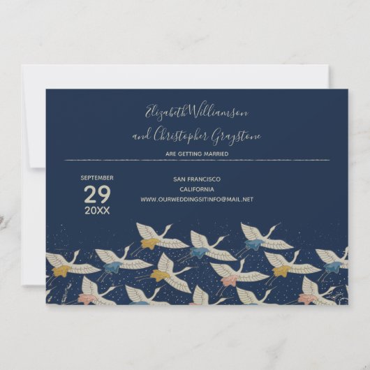 Japanse kraan blauwe bruiloft bewaart de datum save the date (Achterkant)