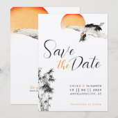 Japanse kraan en bamboe bruiloft Save the Date (Voorkant / Achterkant)