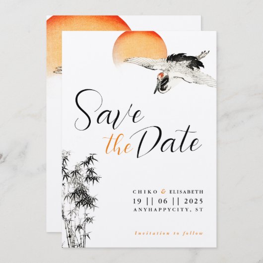 Japanse kraan en bamboe bruiloft Save the Date (Voorkant / Achterkant)