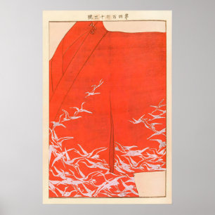 Japanse Kraan Kimono Kunstprint Vermiljoen Rood Wa Poster