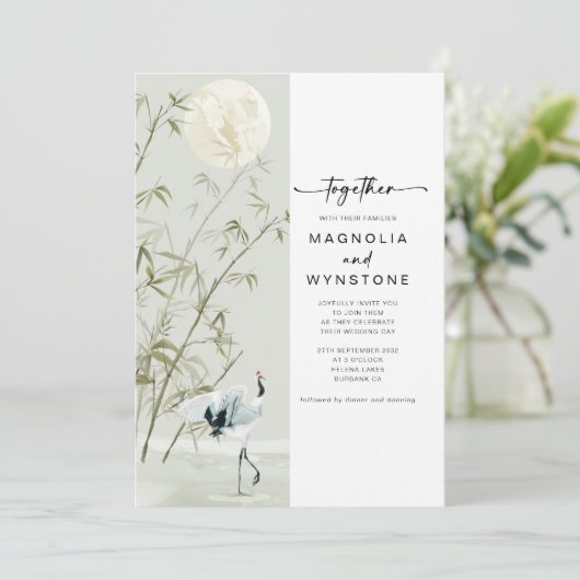 Japanse kraan moderne bruiloft kaart (Staand voorkant)