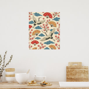 Japanse Kraan Sakura Patroon Poster – Traditioneel
