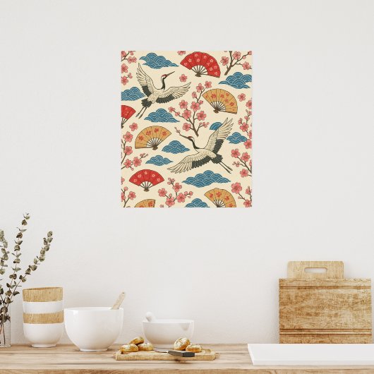 Japanse Kraan Sakura Patroon Poster – Traditioneel (Keuken)