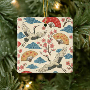 Japanse Kraan Sakura Patroon Traditioneel Japans Keramisch Ornament