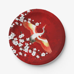 Japanse Kraan Witte Kersenbloesem Rood Papieren Bordje