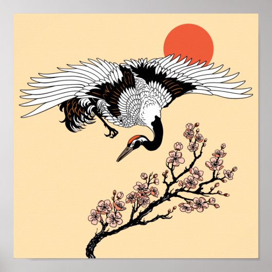 Japanse kraanvogel en bloeiende sakura poster (Voorkant)