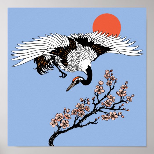 Japanse kraanvogel en bloeiende sakura poster (Voorkant)