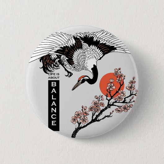Japanse kraanvogel en bloeiende sakura ronde button 5,7 cm (Voorkant)
