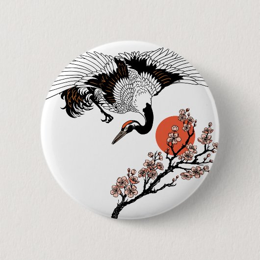 Japanse kraanvogel en bloeiende sakura ronde button 5,7 cm (Voorkant)