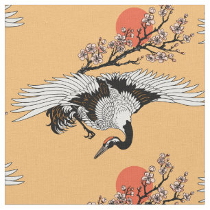 Japanse kraanvogel en bloeiende sakura stof