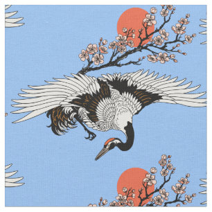 Japanse kraanvogel en bloeiende sakura stof