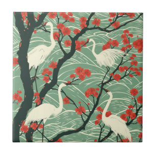 Japanse Kraanvogel en Kersenbloesem - Oosterse Kun Tegeltje