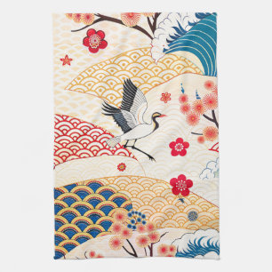 Japanse Kraanvogel en Kersenbloesemgolven Theedoek