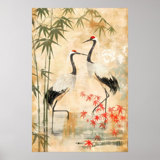 Japanse Kraanvogels & Bamboe Kunstprint Textured Poster (Voorkant)