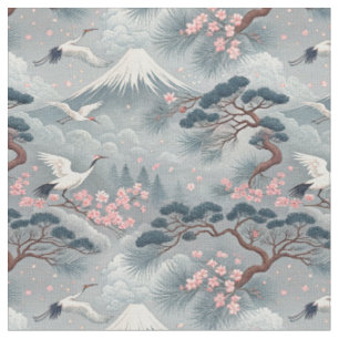 Japanse Kraanvogels & Kersenbloesem Mt Fuji Patroo Stof