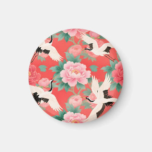 Japanse Kraanvogels Pioenrozen Rood Chinoiserie El Magneet