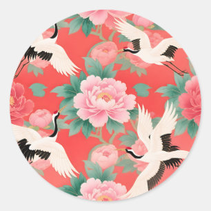 Japanse Kraanvogels Pioenrozen Rood Chinoiserie El Ronde Sticker