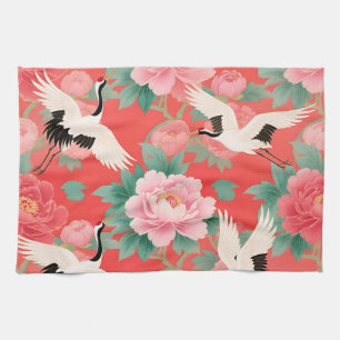 Japanse Kraanvogels Pioenrozen Rood Chinoiserie El Theedoek