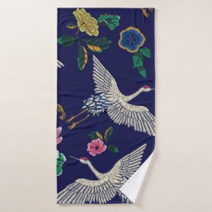 Japanse kranen, golven en bloemen. Embroiderziekte Badhanddoek