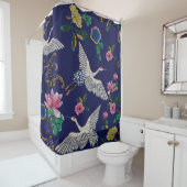 Japanse kranen, golven en bloemen. Embroiderziekte Douchegordijn (In situ)