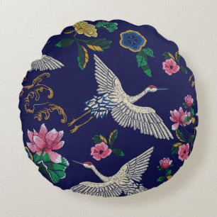 Japanse kranen, golven en bloemen. Embroiderziekte Rond Kussen