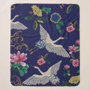 Japanse kranen, golven en bloemen. Embroiderziekte Sherpa Deken