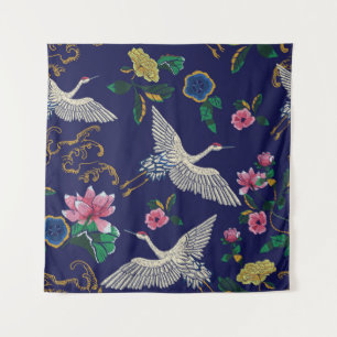 Japanse kranen, golven en bloemen. Embroiderziekte Wandkleed