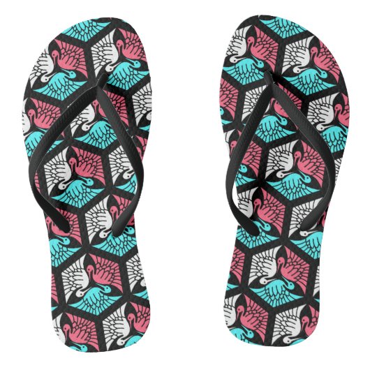 Japanse kranen, koraal, Turquoise en zwart Teenslippers (Voetbed)