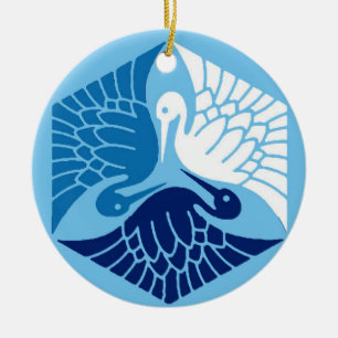 Japanse kranen, marine, wit en lichtblauw keramisch ornament