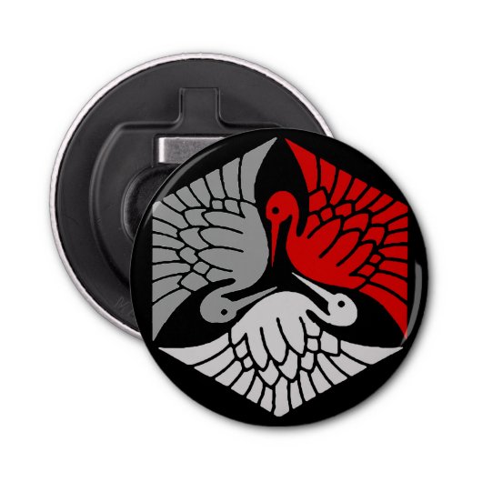Japanse kranen, rood, grijs, grijs en zwart button flesopener (Voorkant)