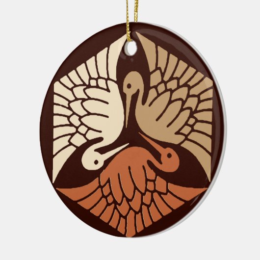 Japanse kranen, tan, roest en chocolade bruin keramisch ornament (Links)