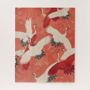 Japanse kranen verbrande Sinaasappel Kimono Fabric Legpuzzel
