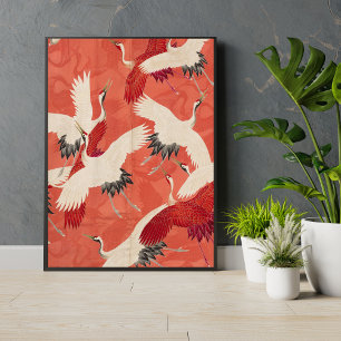 Japanse kranen verbrande Sinaasappel Kimono Fabric Poster