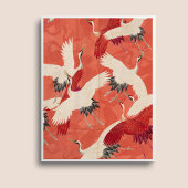 Japanse kranen verbrande Sinaasappel Kimono Fabric Poster