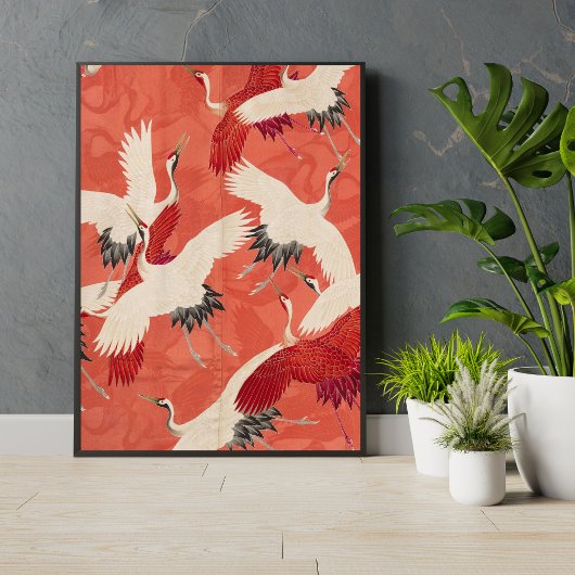 Japanse kranen verbrande Sinaasappel Kimono Fabric Poster