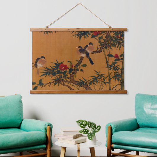  Japanse kunst: Bamboe, vogels en Camellias Hangend Wandkleed (Woonkamer)
